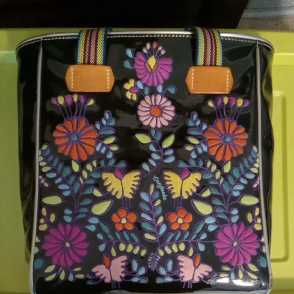 Consuela Tia Chica Embroidered Black Patent Leather Tote Bag Glitter Interior
